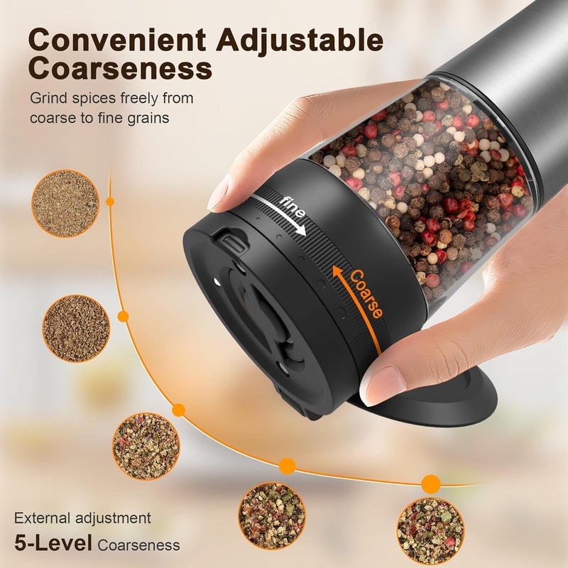 Flelano Electric Salt and Pepper Grinder Set, 2-Speed Setting, Stainless Steel Rechargeable Automatic Pepper Mill Shakers with USB Charging Base,100ml Large Capacity, External Adjustable Coarseness,LED Light - Image 4
